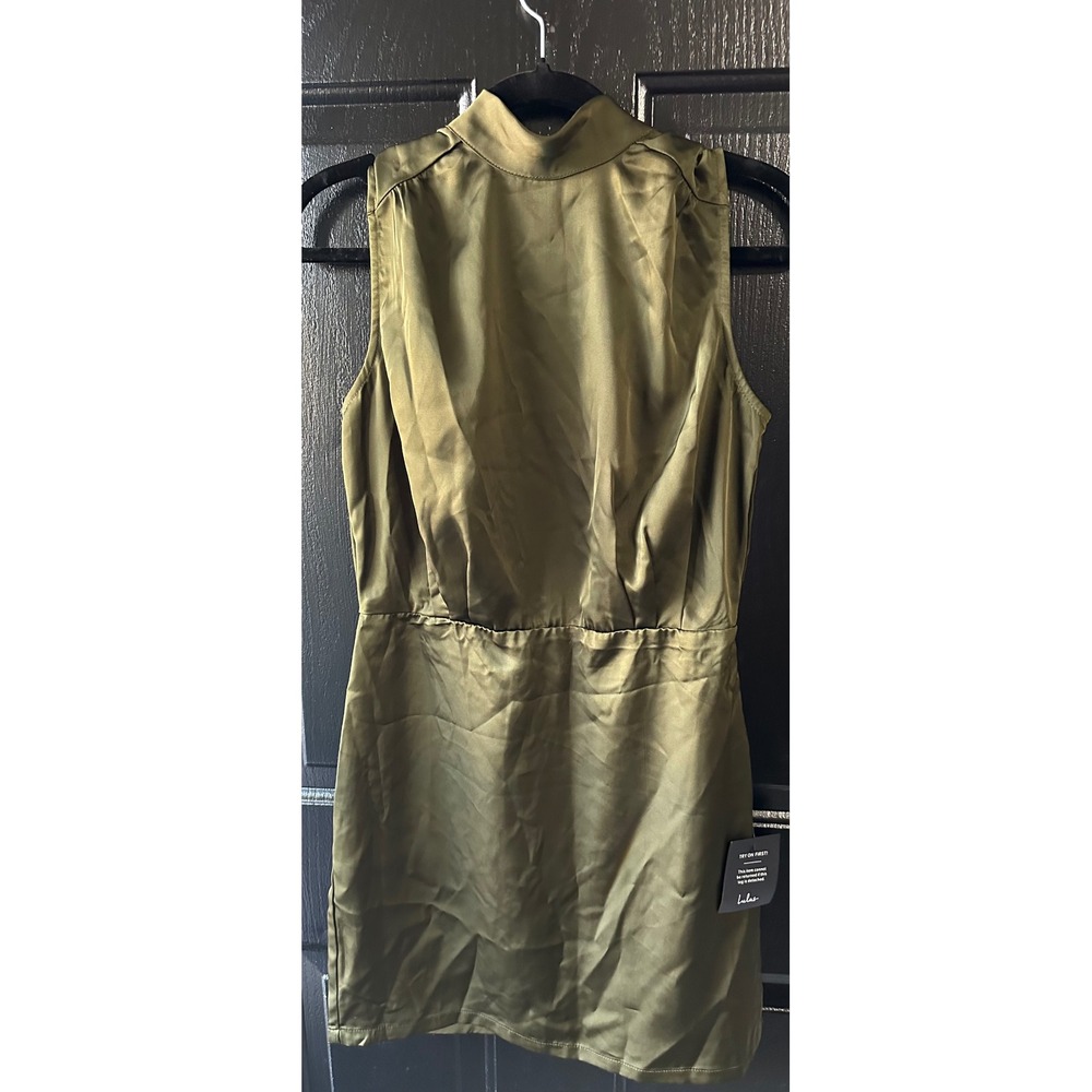 Lulus Satin Mock‎ Neck Sleeveless Mini Dress Olive Green Ruched Waist